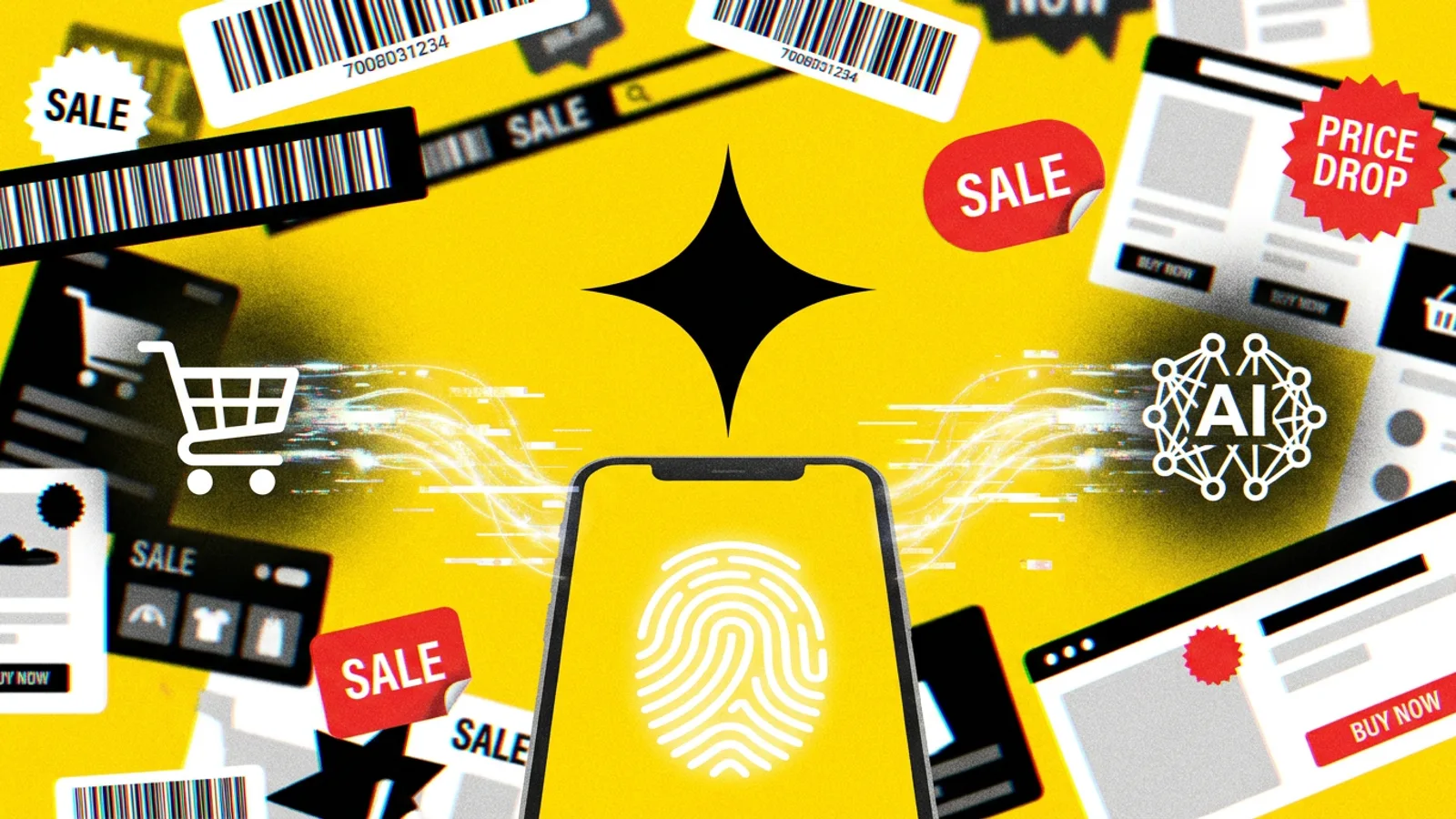 Smartfon z ikoną odcisku palca na ekranie, symbolizujący uwierzytelnianie w płatnościach mobilnych, połączony z ikonami koszyka i sztucznej inteligencji w tle.