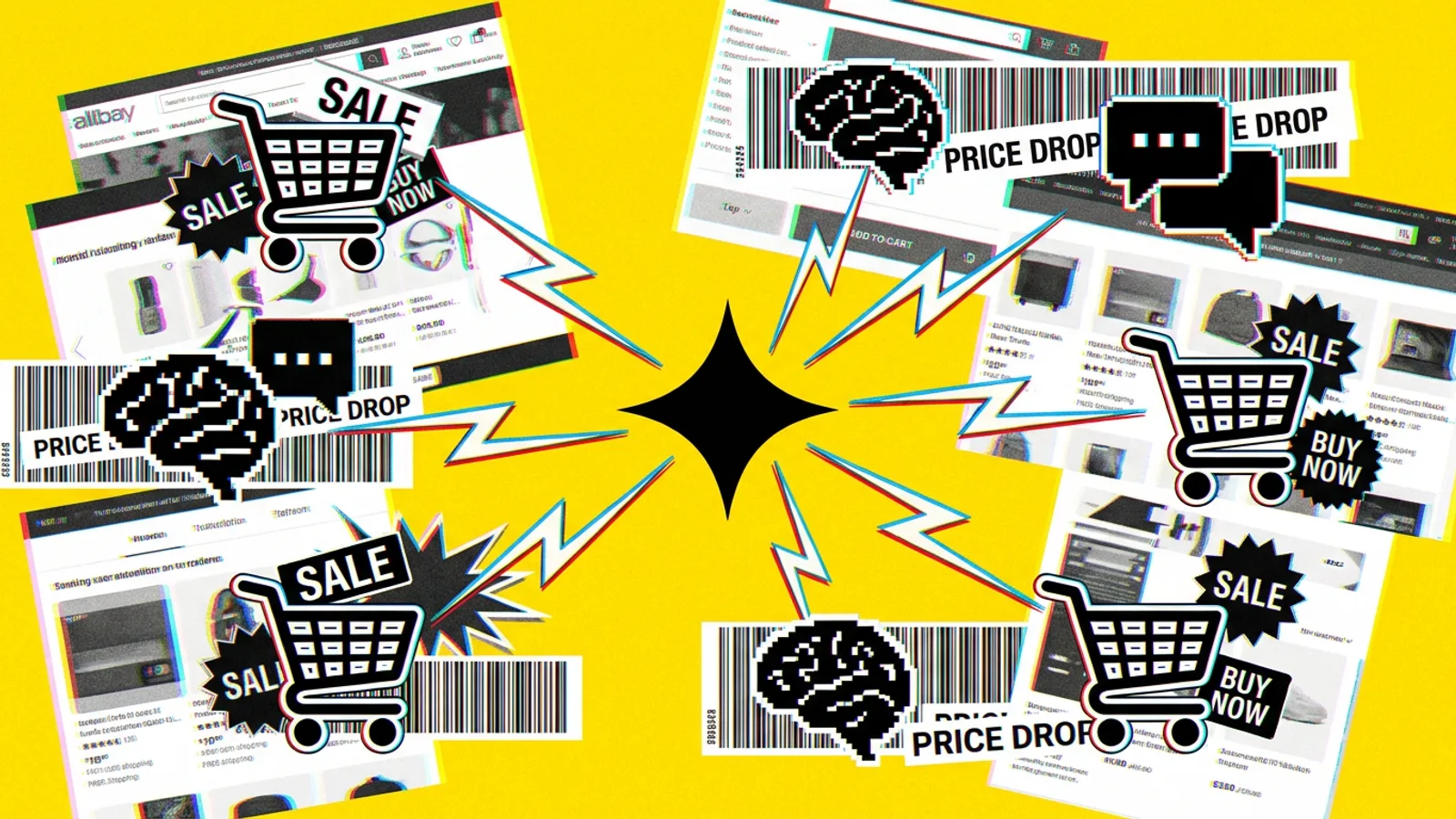 Wizualizacja protokołu UCP łączącego sklepy e-commerce z asystentami AI za pomocą świetlistych linii.