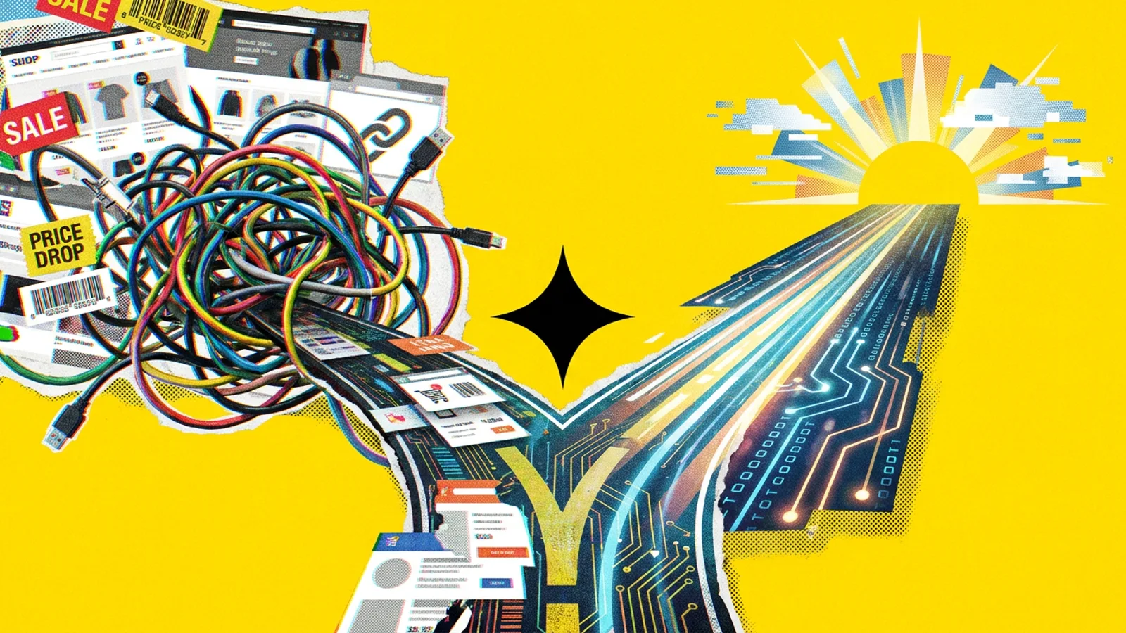 Rozwidlenie cyfrowej ścieżki symbolizujące wybory strategiczne w e-commerce i technologii.