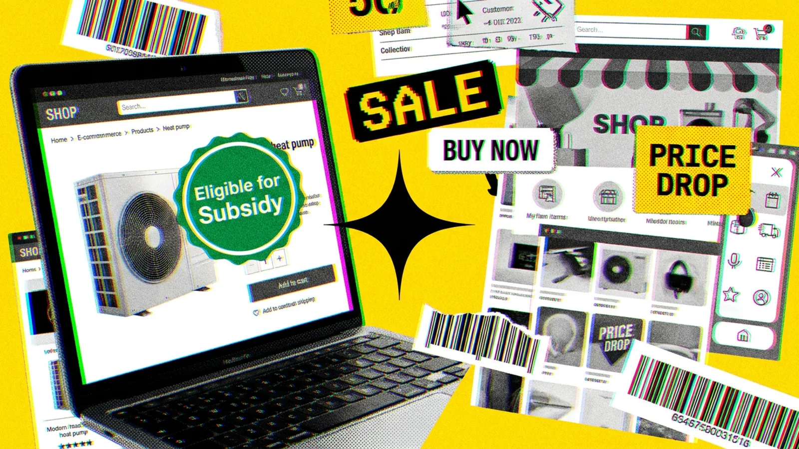 Laptop z otwartą stroną produktu w sklepie internetowym, na której widnieje oznaczenie o możliwości uzyskania dofinansowania na zakup.
