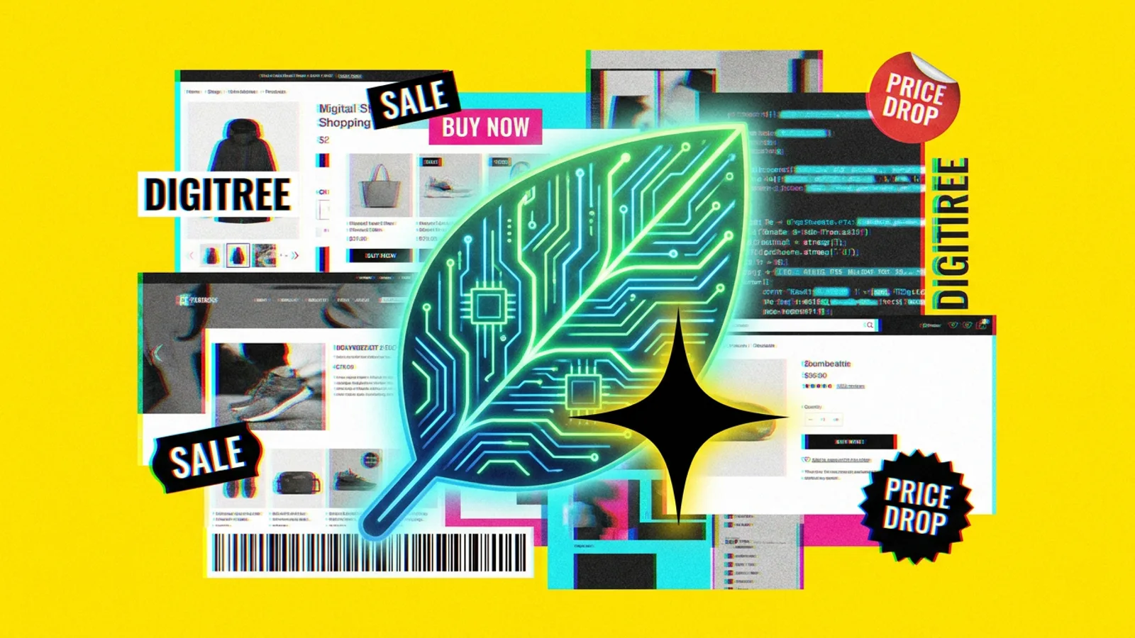 Zielony liść, którego unerwienie świeci jak obwód drukowany na tle serwerowni, symbolizując połączenie technologii i zrównoważonego rozwoju.
