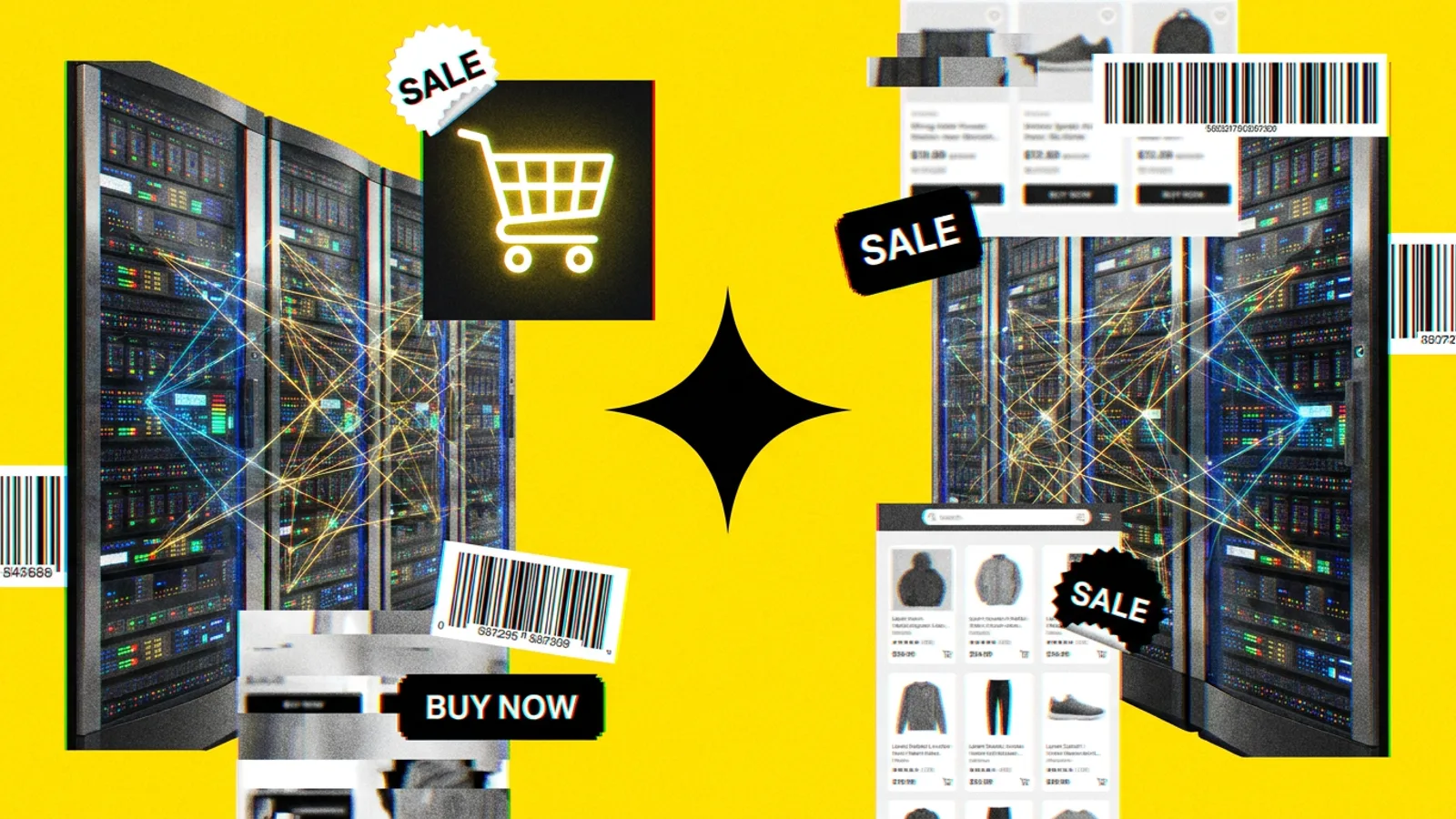 Serwerownia z nałożoną wizualizacją sieci neuronowej AI, symbolizująca zastosowanie inferencji w e-commerce.