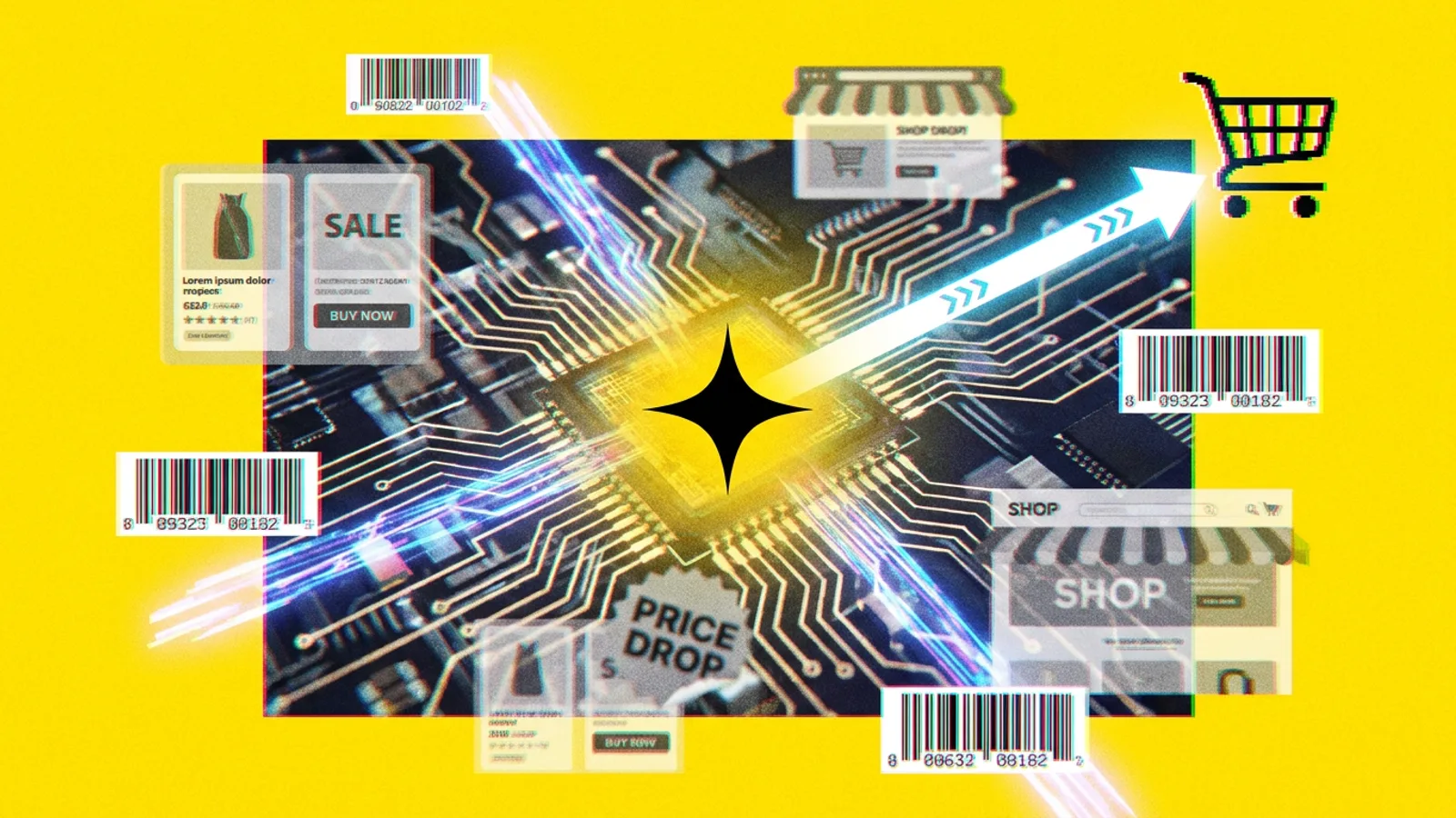 Schematyczna płytka drukowana, z której wychodzą ścieżki światła symbolizujące różne standardy danych dla AI w e-commerce.