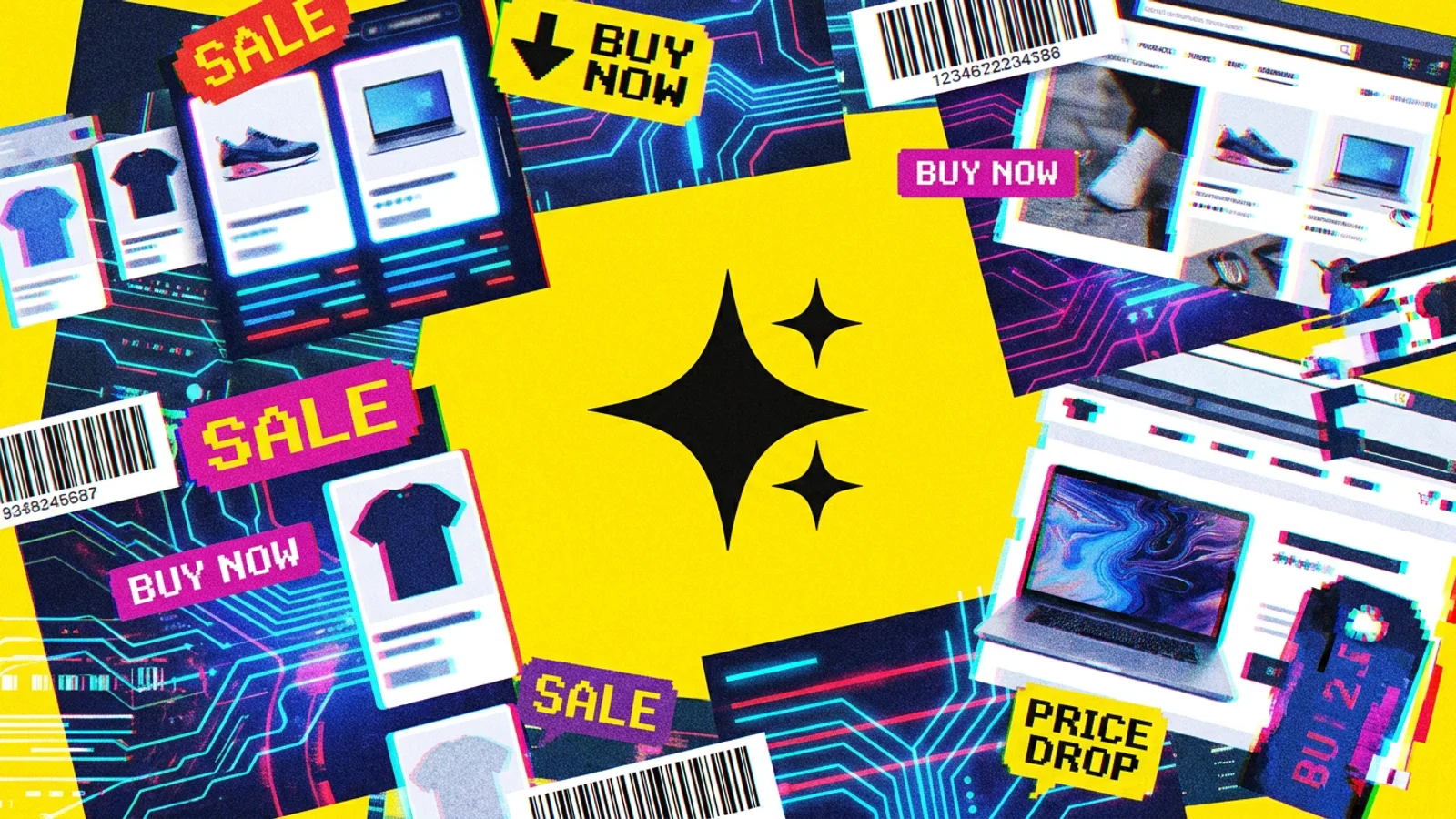 Abstrakcyjna wizualizacja sieci neuronowej agenta AI wchodzącej w interakcję z siatką produktów e-commerce.