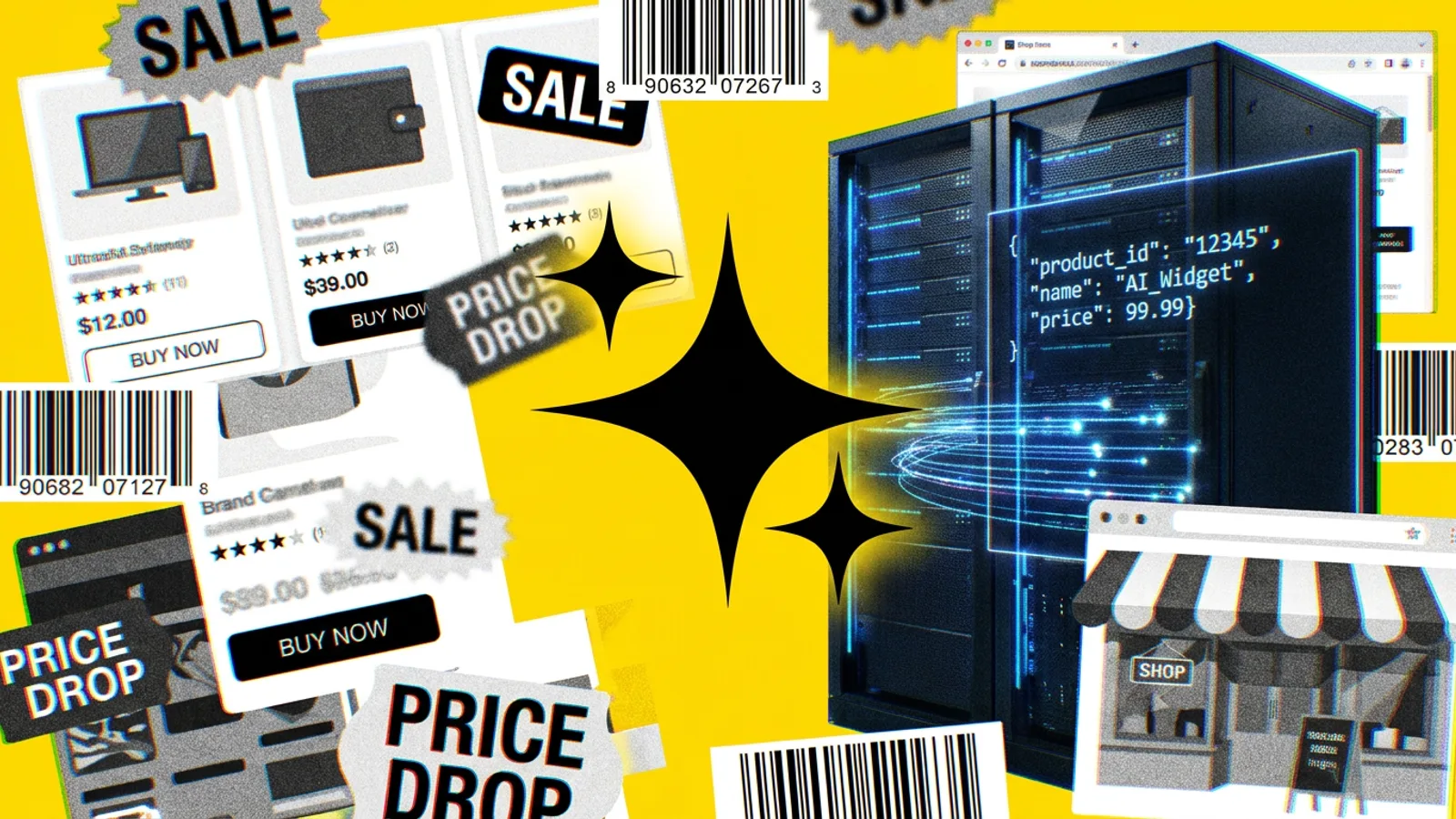 Serwerownia z danymi przepływającymi do ekranu z kodem JSON, symbolizująca gotowość e-commerce na AI.
