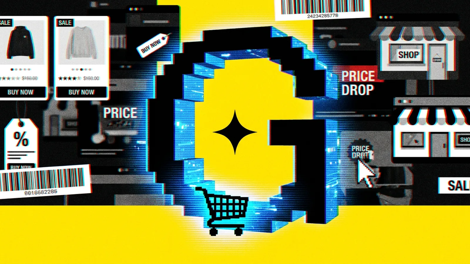 Duża litera 'G' symbolizująca Google skanuje mały wózek sklepowy, co ilustruje nowe zasady kwalifikacji reklamodawców w Google Ads.