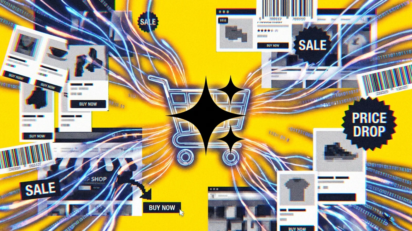 Sieć neuronowa i strumienie danych symbolizujące widoczność sklepu e-commerce w systemach AI.