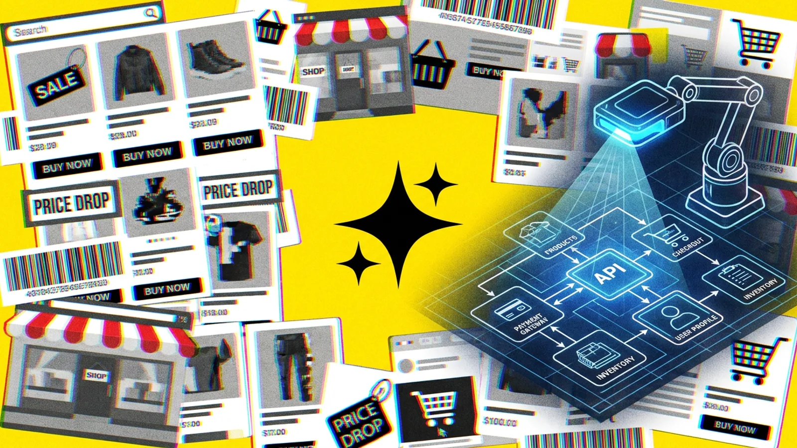 Cyfrowy schemat architektury sklepu internetowego analizowany przez ramię robota, symbolizujące agenta AI.