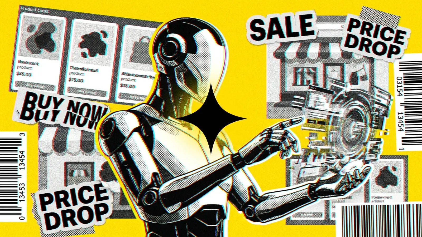 Robot-agent AI dokonujący zakupów w interfejsie sklepu e-commerce przyszłości.