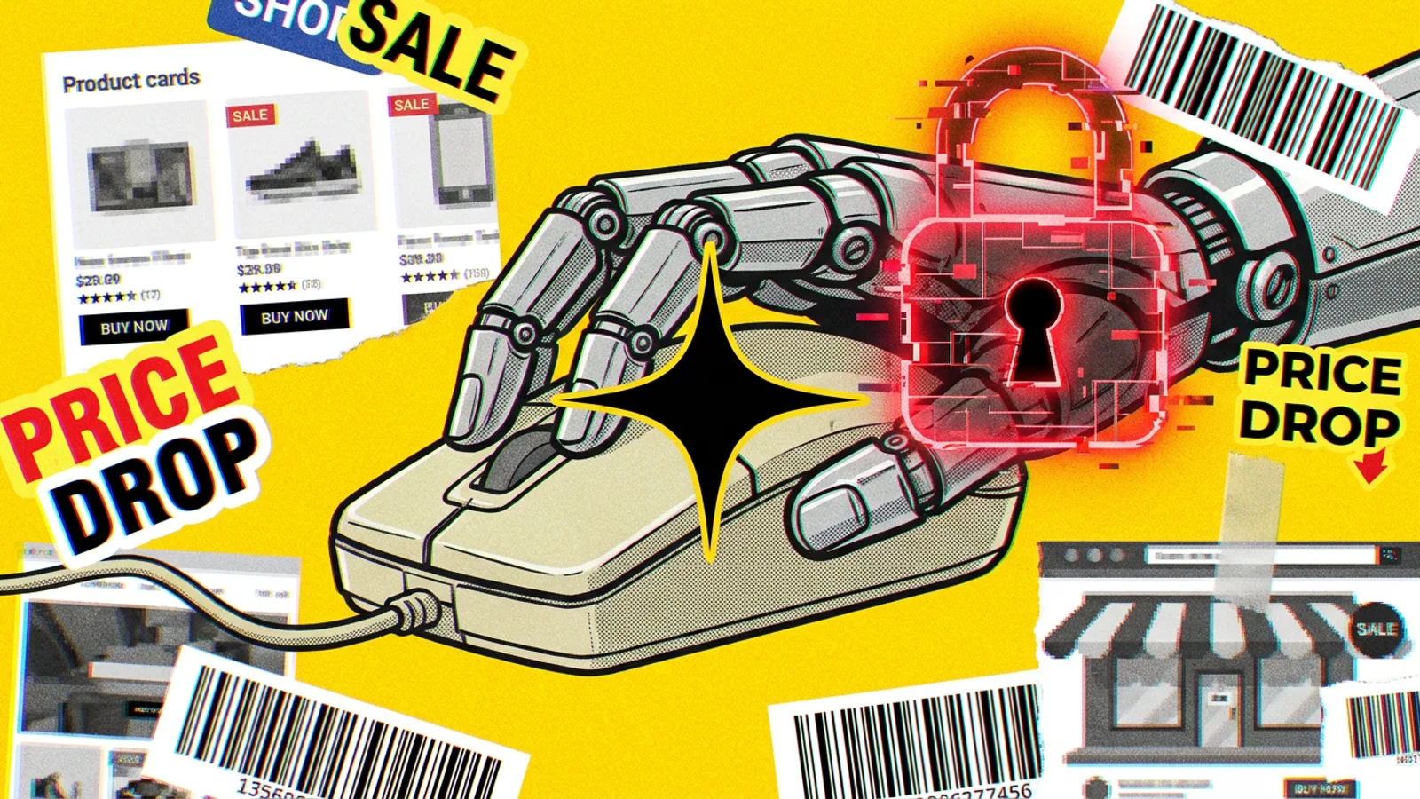 Ręka robota używająca myszki komputerowej, z nałożonym cyfrowym symbolem kłódki, co symbolizuje zagrożenia bezpieczeństwa związane z agentami AI.