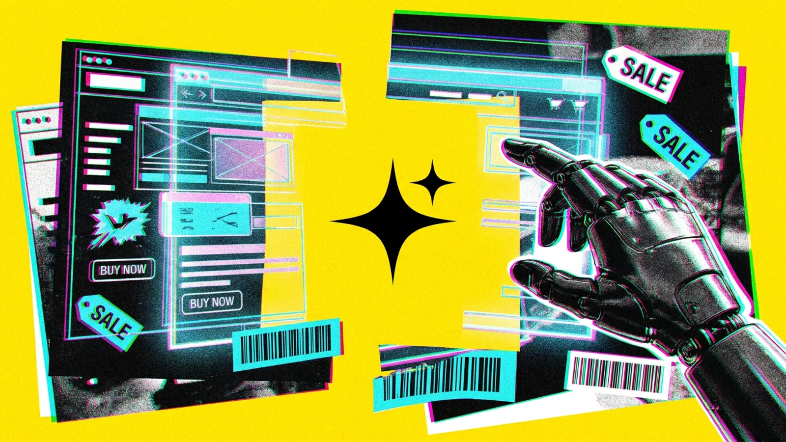 Ręka robota wchodząca w interakcję z holograficznym interfejsem strony internetowej, symbolizująca optymalizację pod kątem agentów AI.