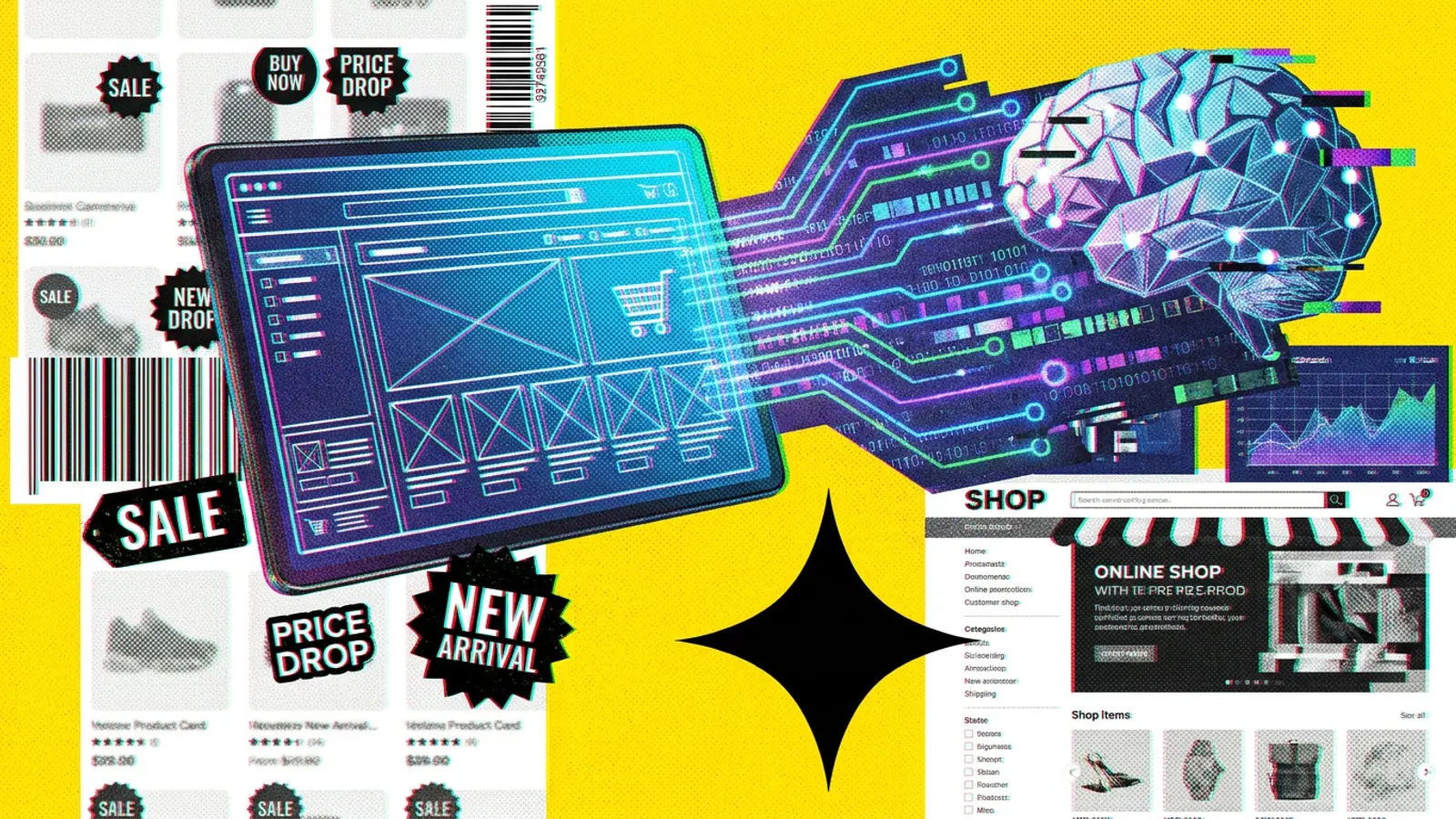 Schemat sklepu e-commerce, z którego dane przepływają do symbolu sztucznej inteligencji, ilustrujący koncepcję agentic commerce i UCP.