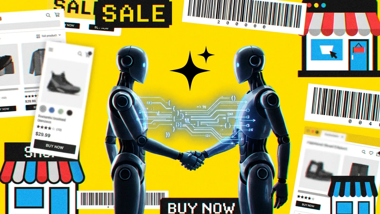 Dwa roboty wymieniające uścisk dłoni, pomiędzy którymi przepływa strumień danych symbolizujący ustandaryzowany protokół komunikacji dla AI.