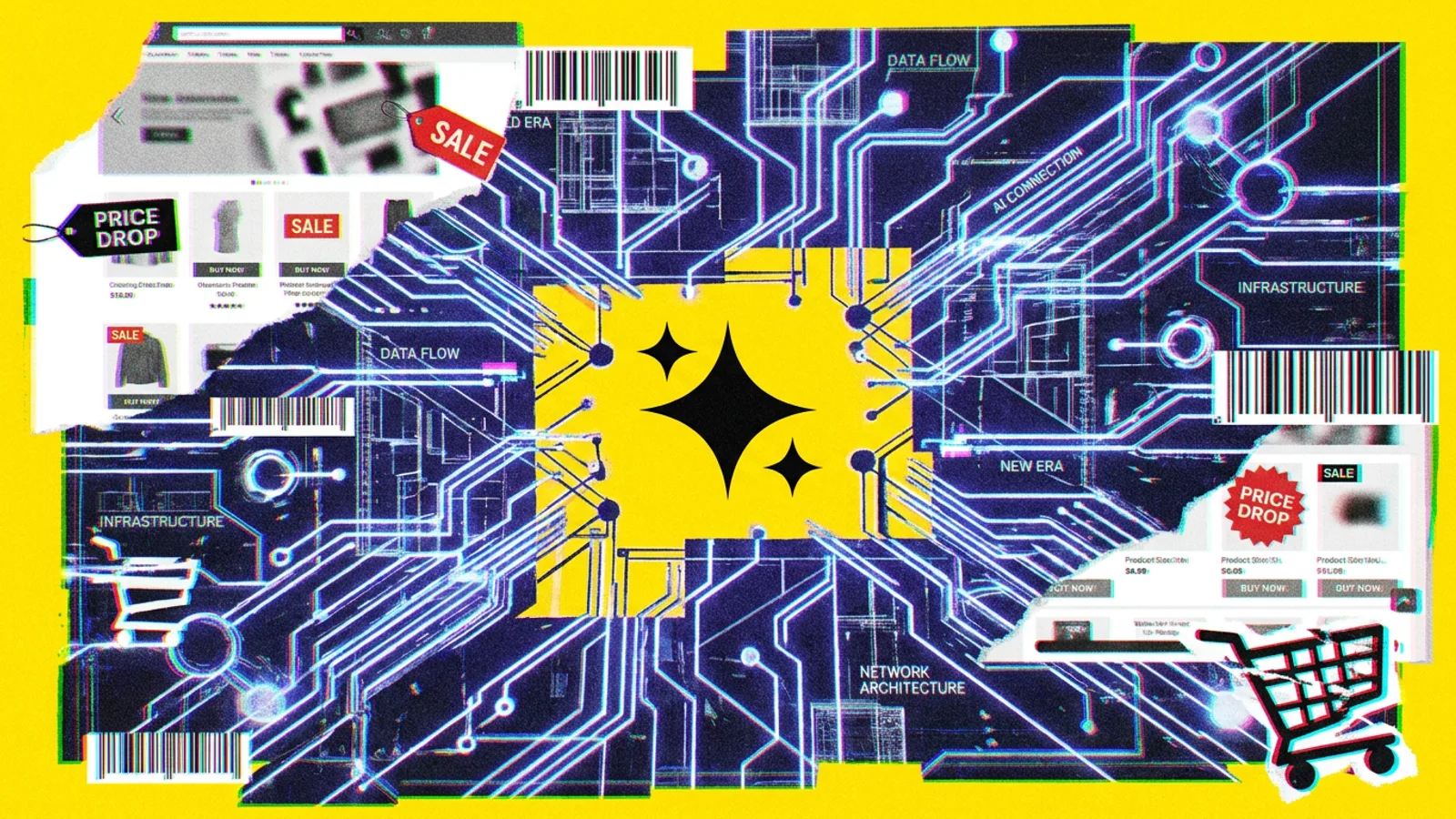 Schemat architektoniczny cyfrowej sieci AI, symbolizujący budowę infrastruktury dla e-commerce.