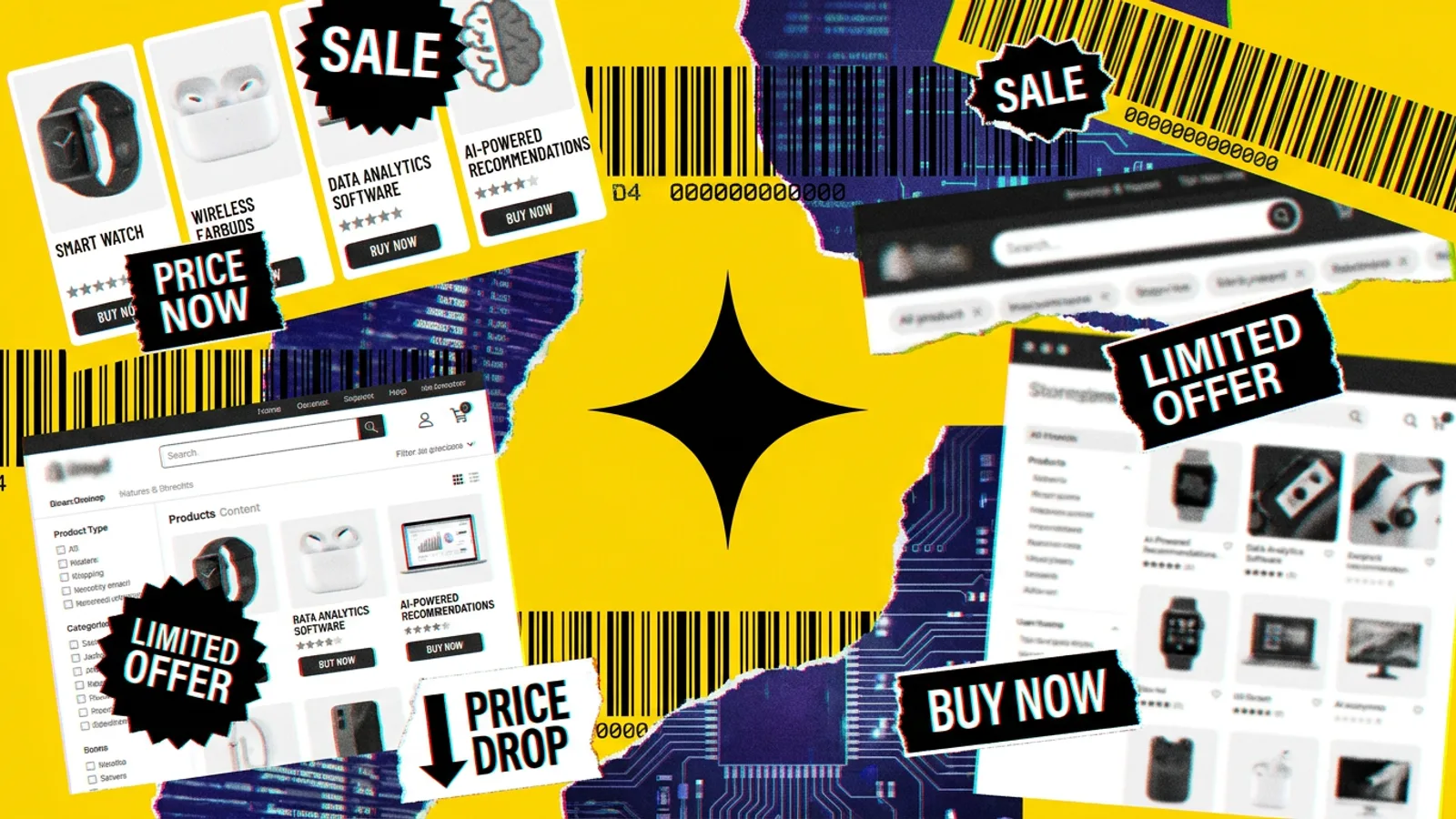 Abstrakcyjna kula AI unosząca się nad laptopem z panelem e-commerce.