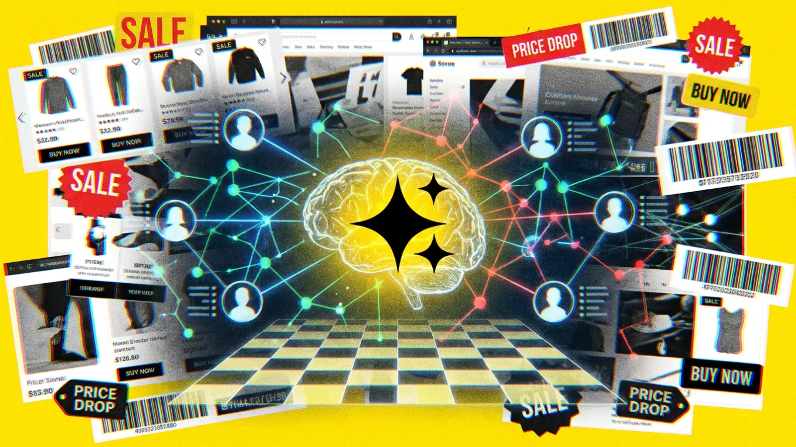 Ekran analityczny przedstawiający strategię marketingową e-commerce w erze AI, z siecią połączonych danych i symbolem strategii.