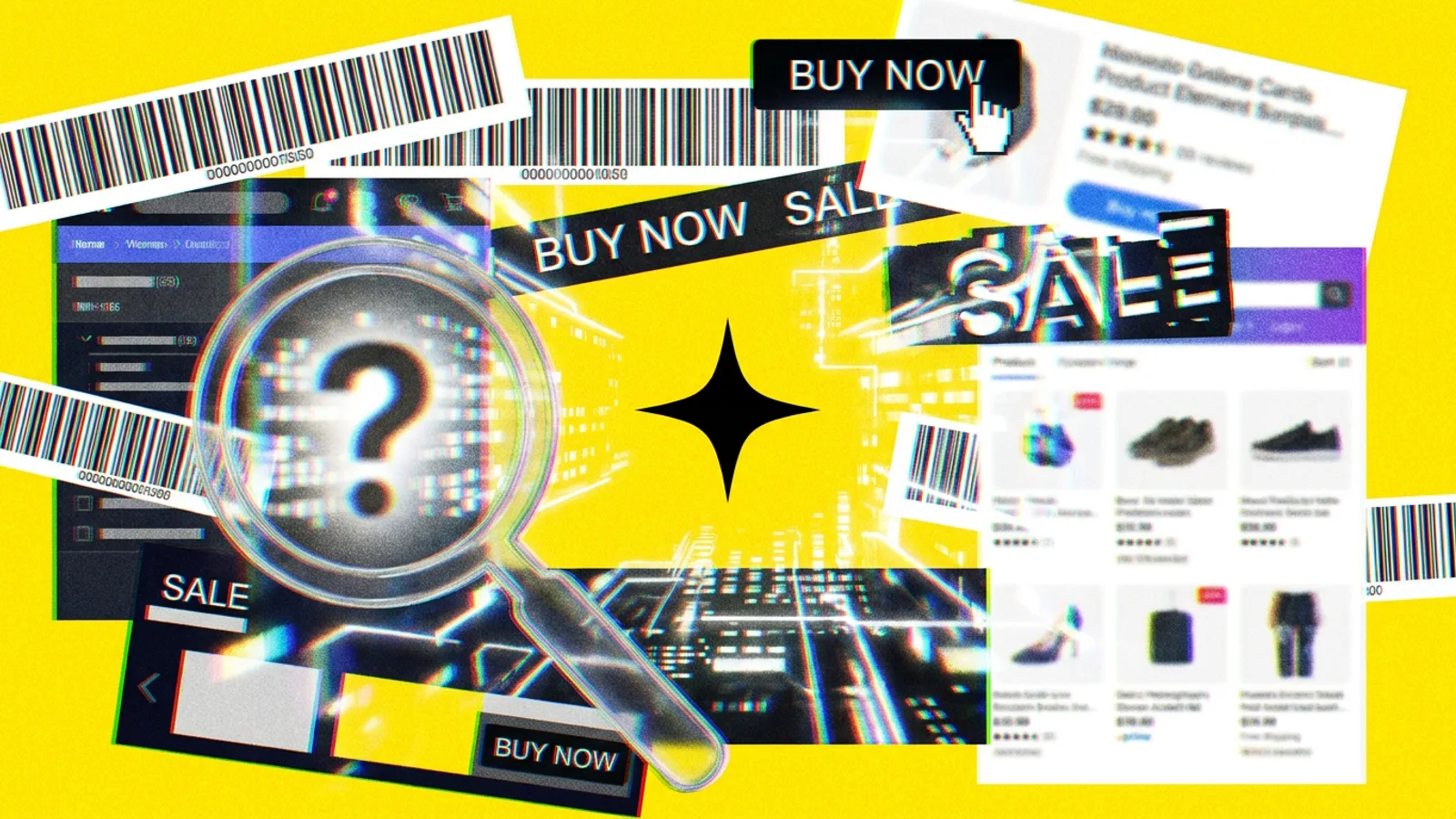 Wizualizacja danych pokazująca przepływ informacji, z rozmytym, powiększonym punktem symbolizującym brak konkretnych danych o kliknięciach z AI w Google.